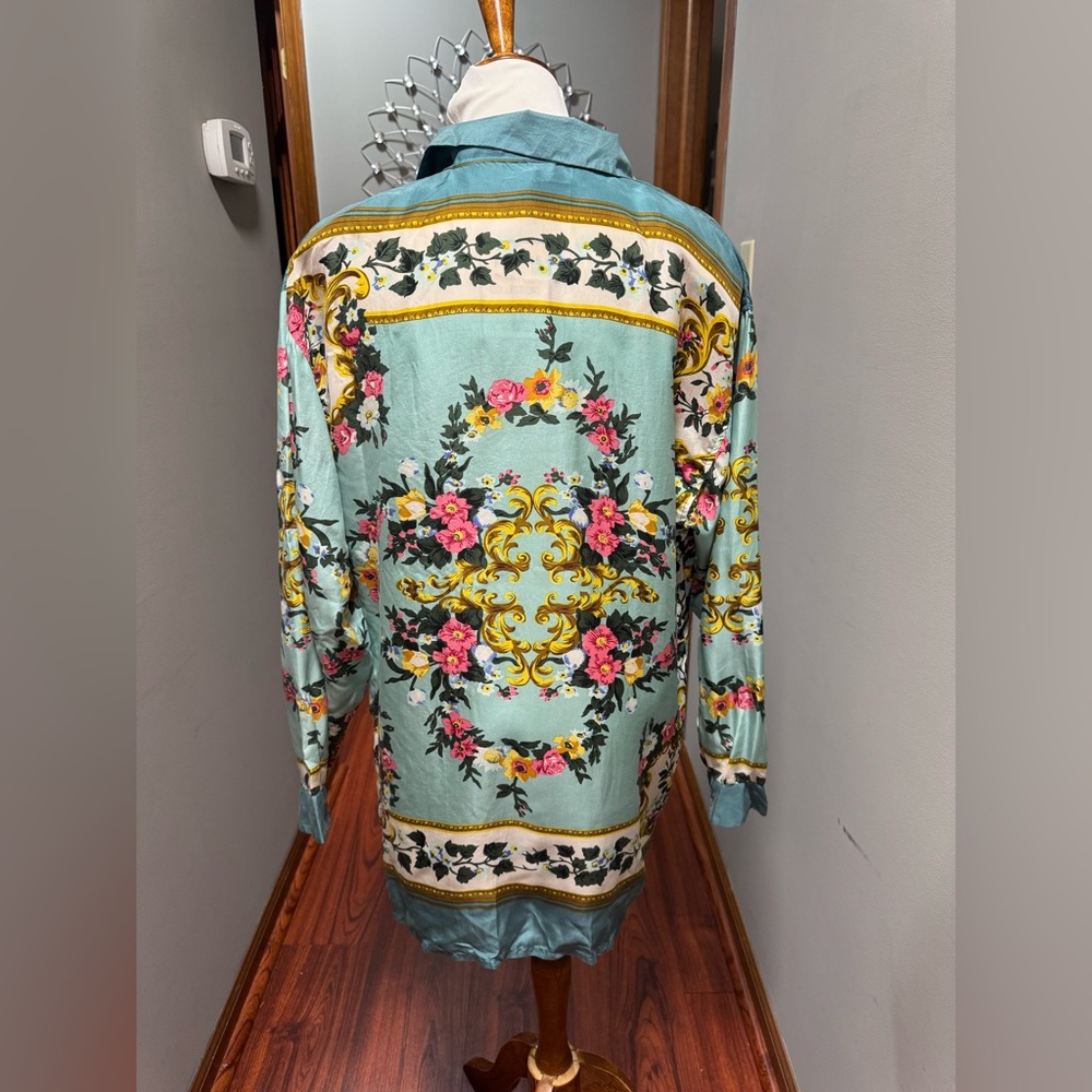 Elegant Vintage Floral Silk Blouse - Teal & Multicolor size L - Picture 6 of 13